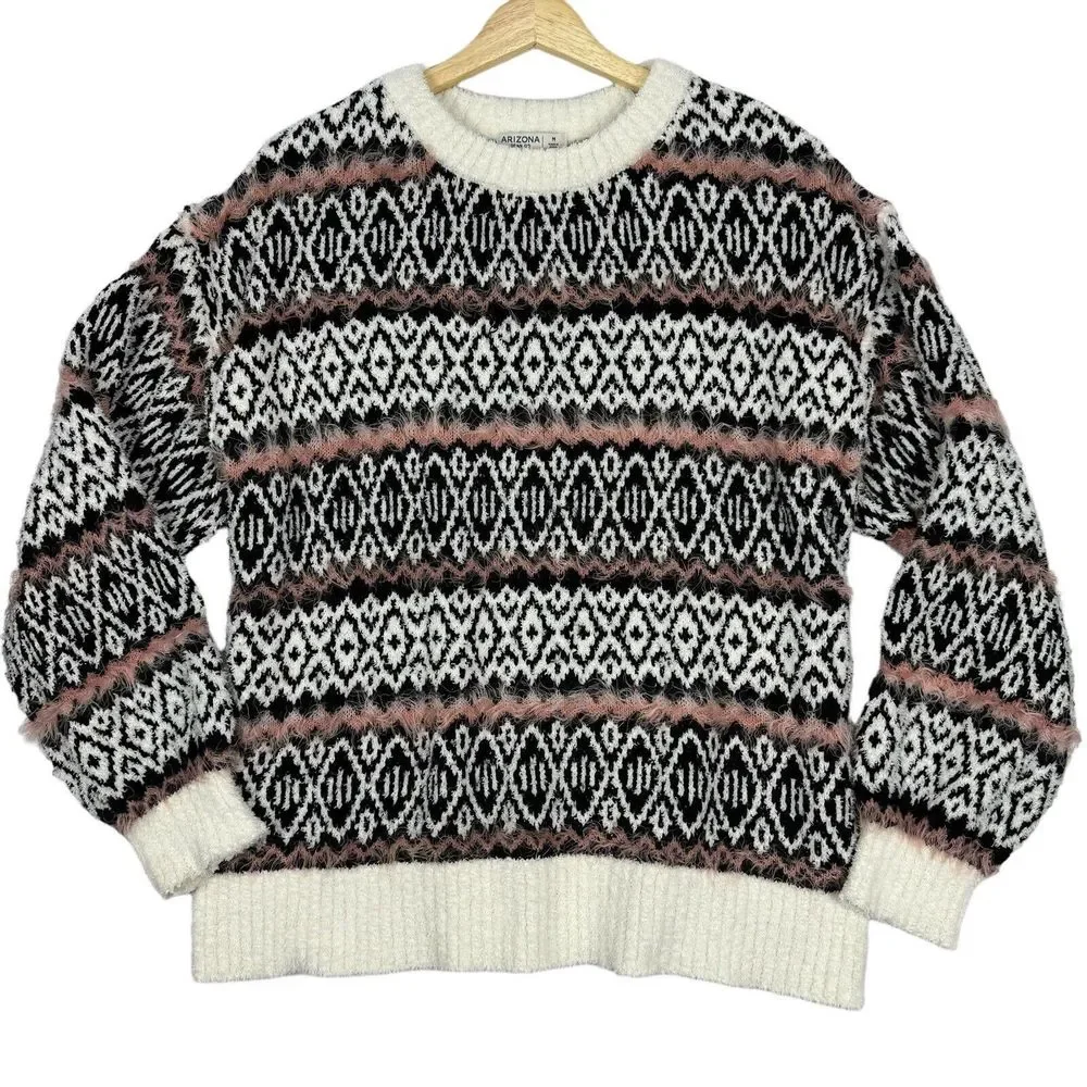 Arizona Jean Company Cozy Knit Sweater Crew Neck Size Medium Geometric Pattern